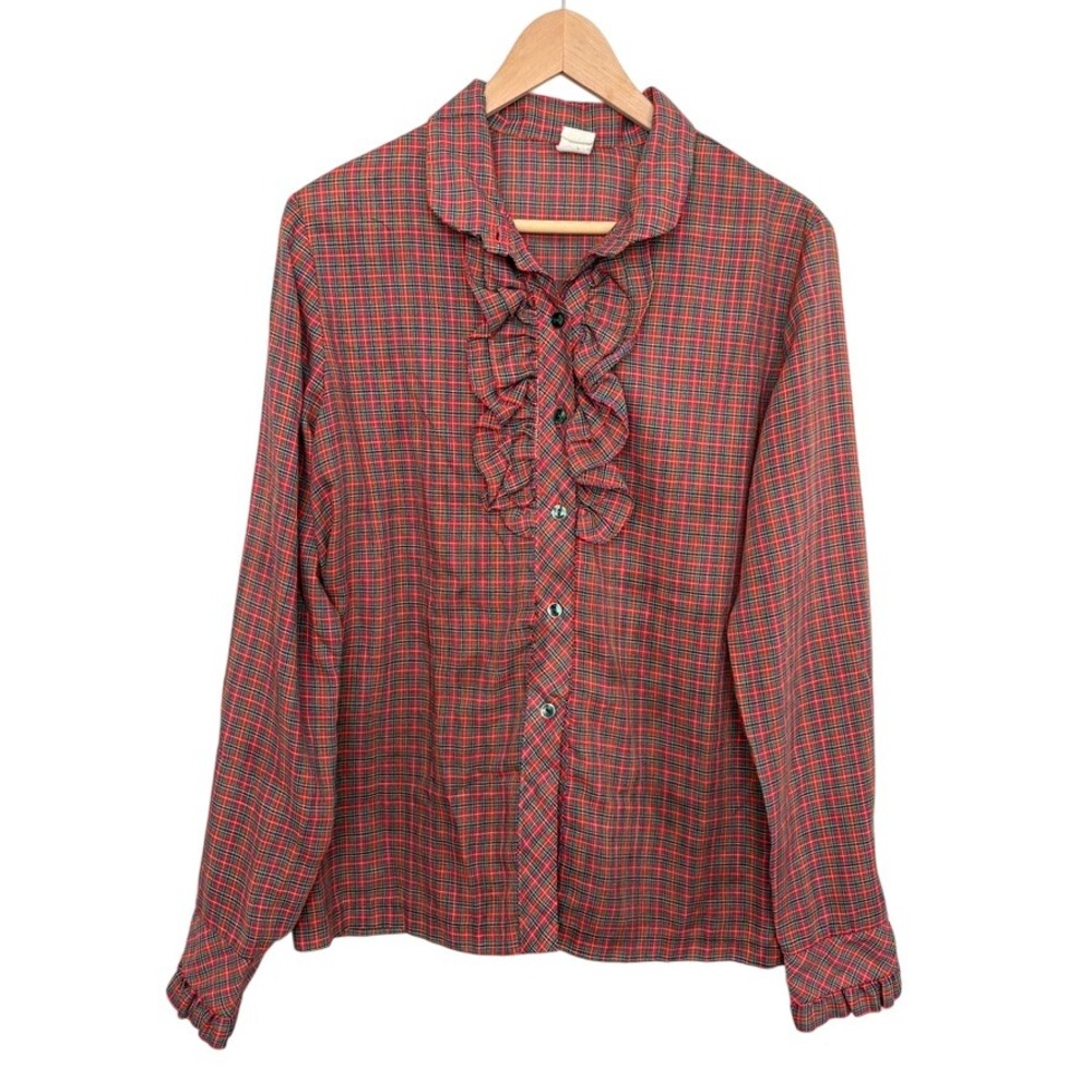 VTG Cottagecore Plaid Ruffle Front Button Up Christmas Blouse Western Americana